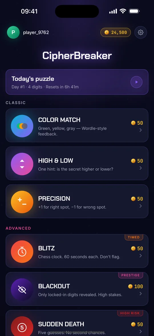 CipherBreaker's home screen: today's puzzle banner above the seven modes, each with its token stake.