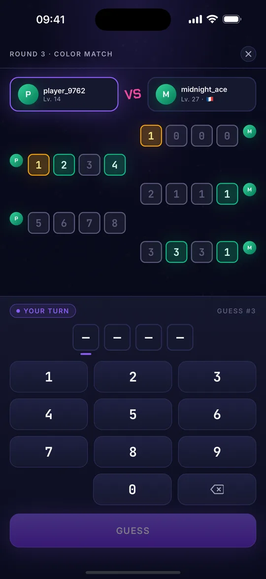 A CipherBreaker duel in Color Match: two players' guess rows with green, gold and grey digit tiles, a keypad below.