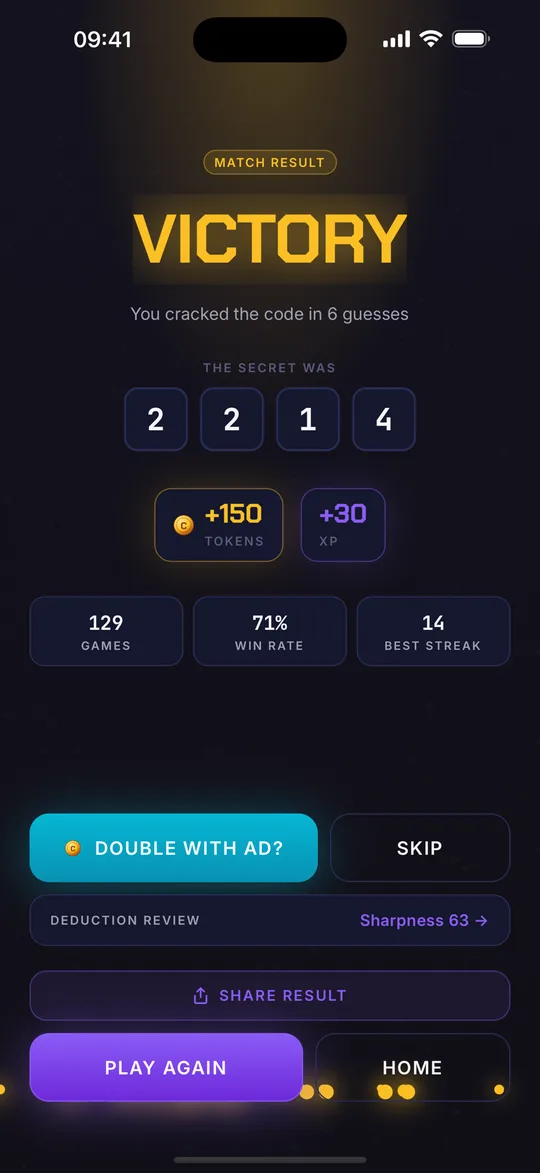 A CipherBreaker victory screen with the cracked code and the result card to share.